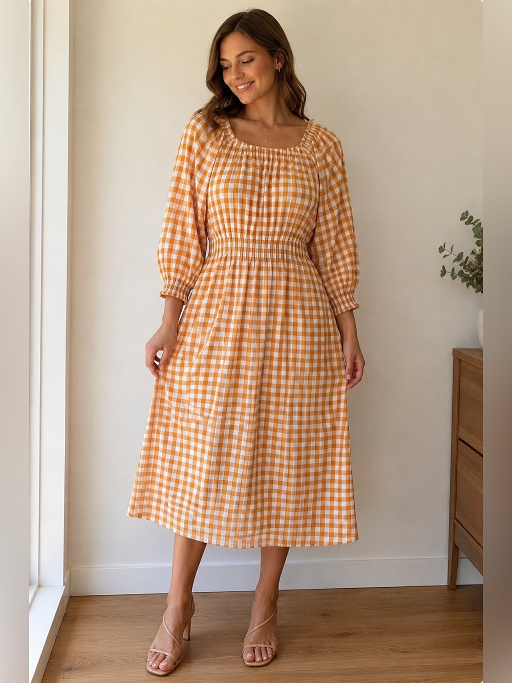 Orange Gingham NEW without tags off the shoulder midi Dress with pockets